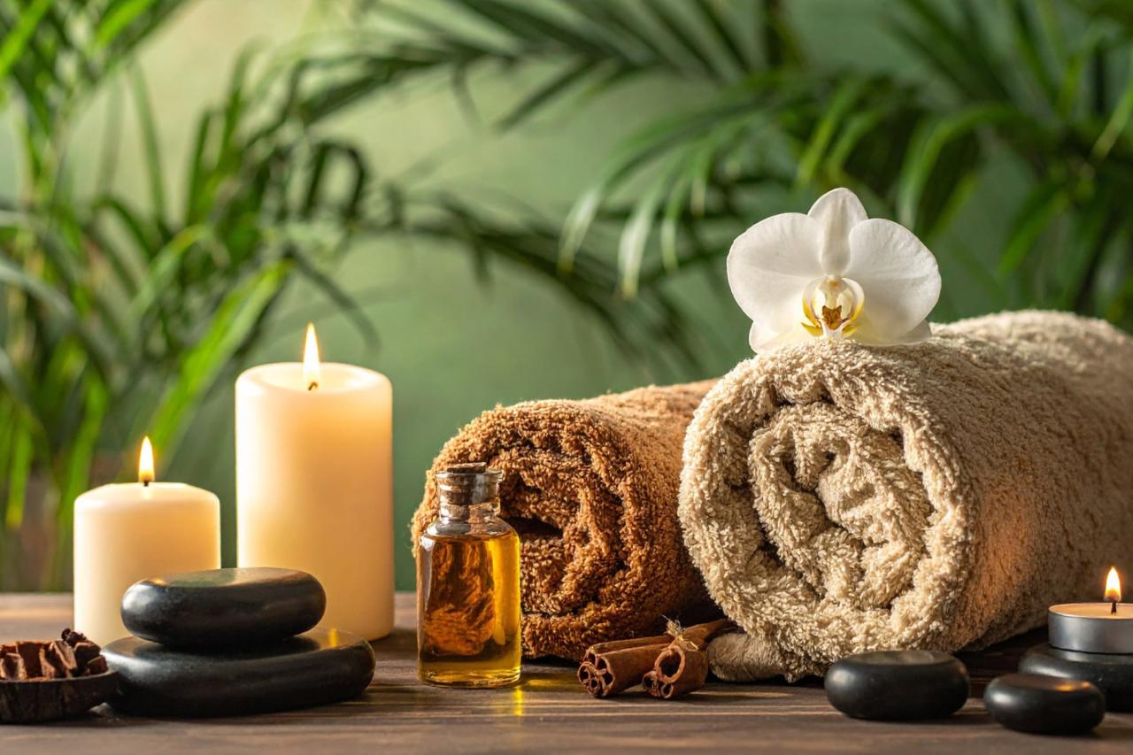 Relaxing spa towels, candles, oils, and stones at For Him Gents Spa